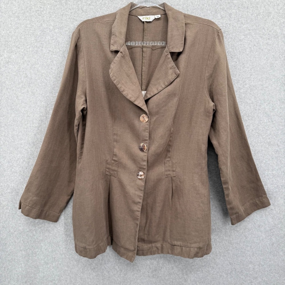 Riki Linen‎ Blend Button Front Blazer Jacket Top Women M Beige Art Lagenlook M